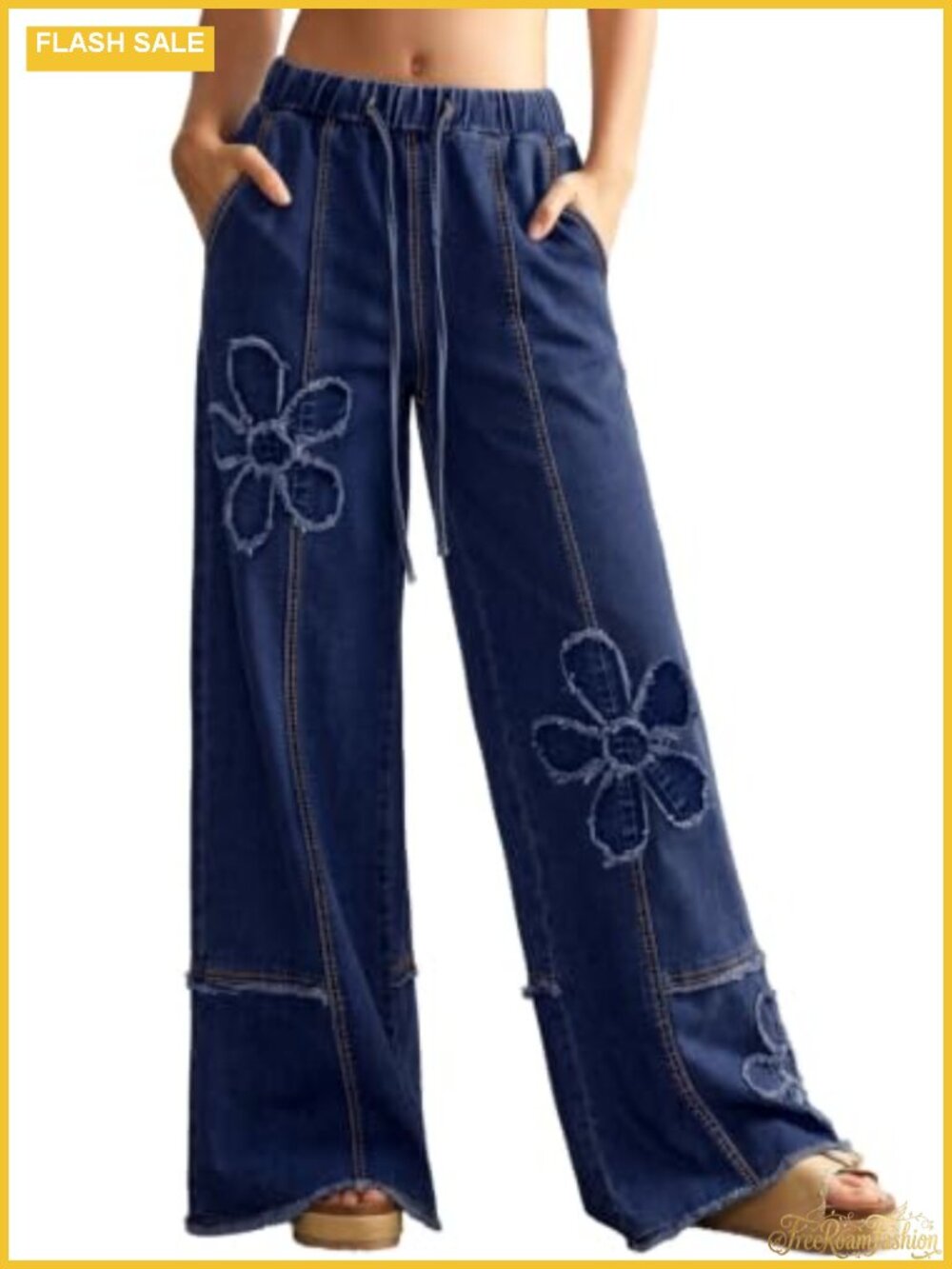 Women's Y2K Floral Wide Leg Baggy Jeans Elastic High Waisted Stretchy Denim